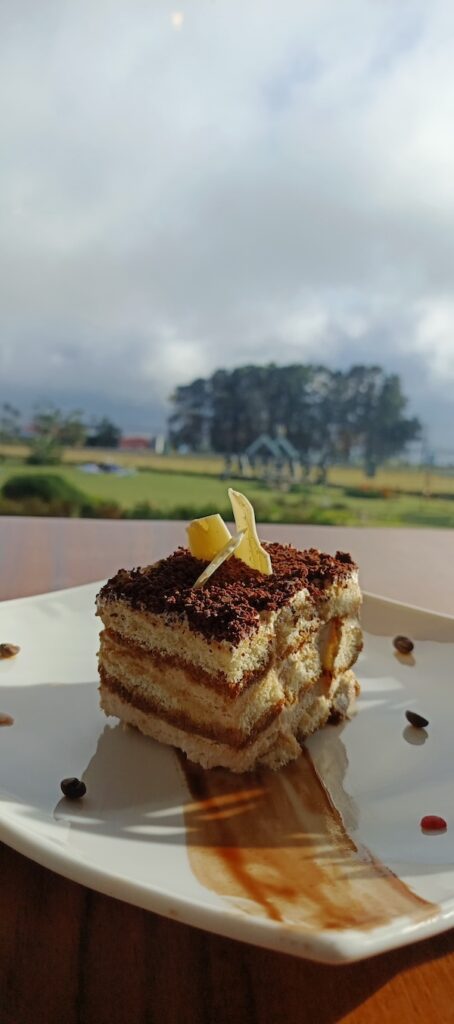 Porción de tiramisú decorada con una rodaja de limón en un plato blanco.